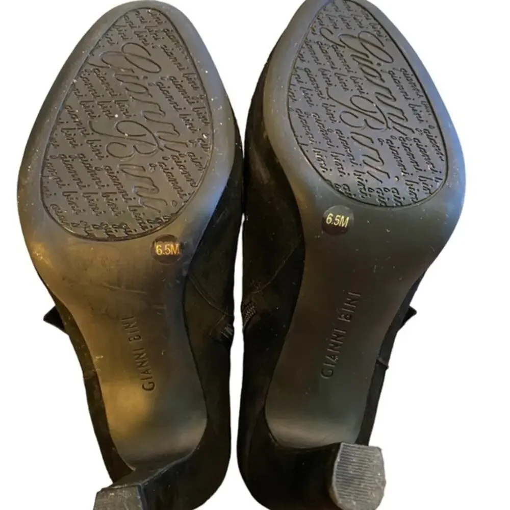 Gianni Bini Black Suede High Heel Bootie Size 6.5 Bow & Zipper Size 6 1/2.